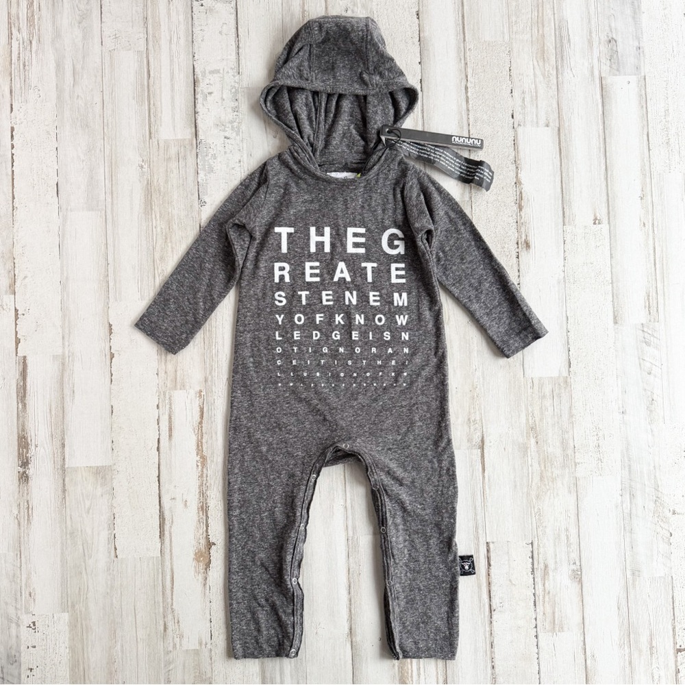 NUNUNU Vision Test Hooded Playsuit Charcoal 12–18M Long Sleeve Romper NWT